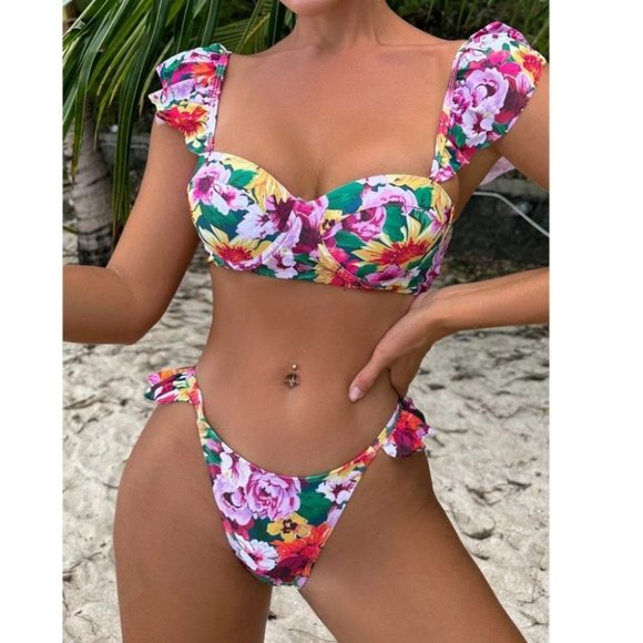 Multicolor Floral Womens Print Ruffle Trim Push Up Bikini Swimsuit - Picture 6 of 8